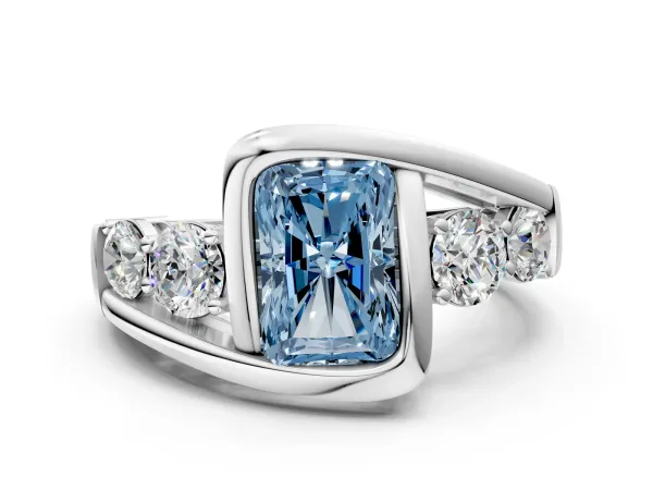 Fancy Blue Bezel Set Radiant Cut Diamond Bypass Ring with Round Accents Platinum