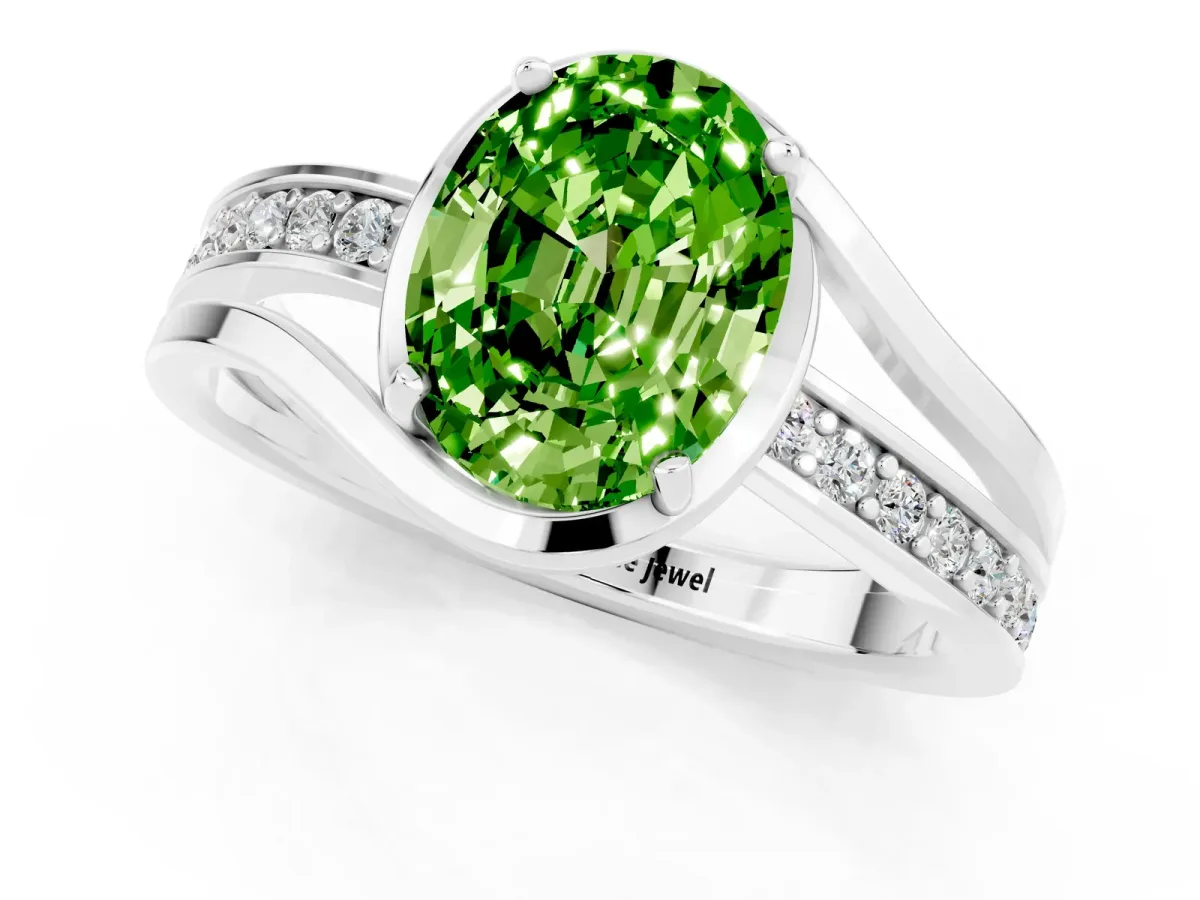 Oval Cut Peridot Solitaire Ring with Split Shank and Prong Setting White gold