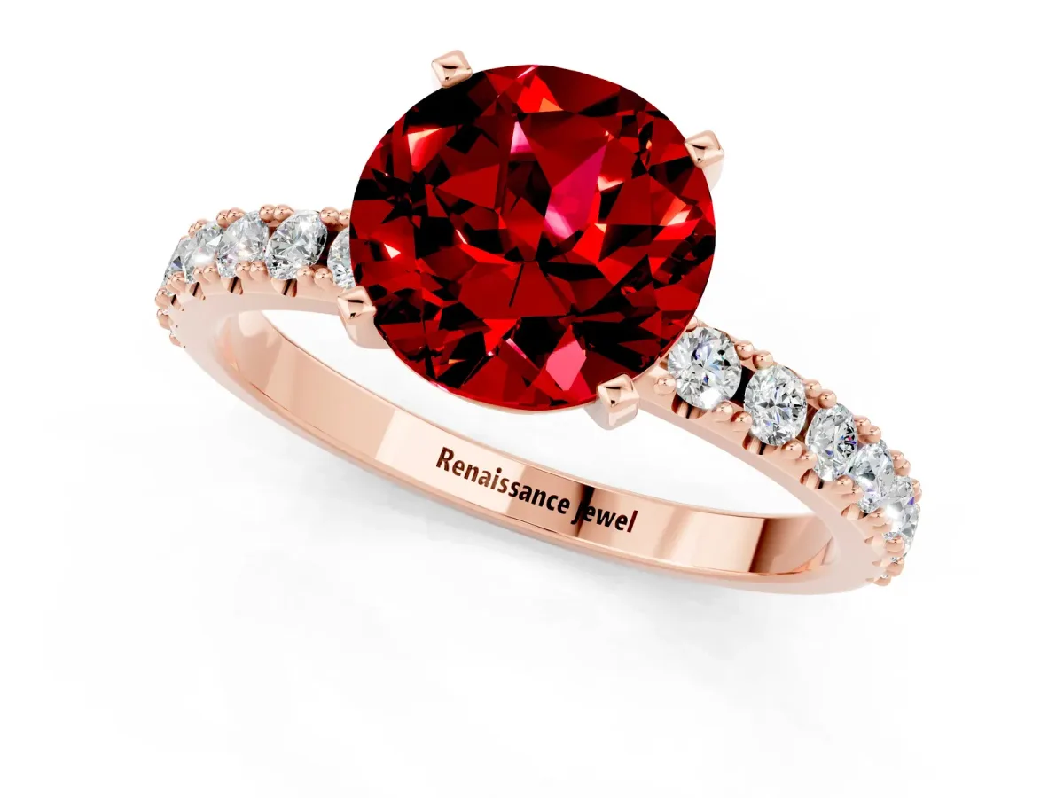 Round Cut Ruby Solitaire Pavé Band with Four-Prong Setting Rose gold