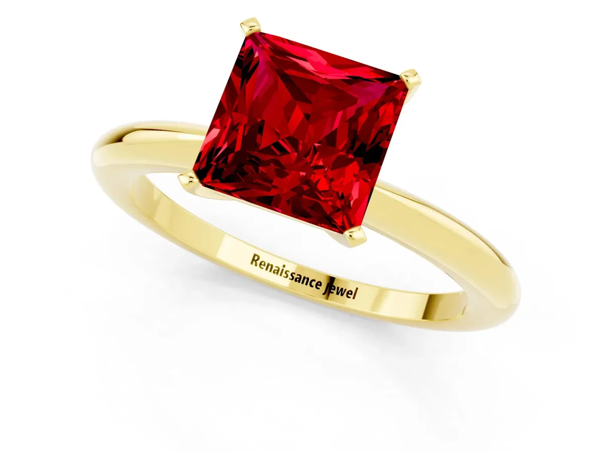 Princess Cut Ruby Solitaire Ring with Six-Prong Setting and Classic Band Yellow gold