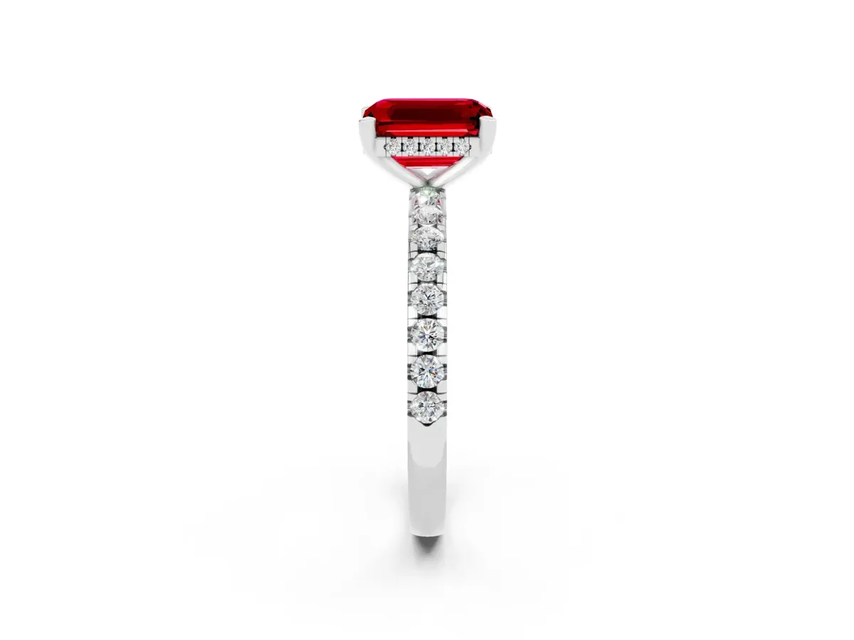 Emerald Cut Ruby Solitaire Ring with Round Pavé Band and Four-Prong Setting White gold