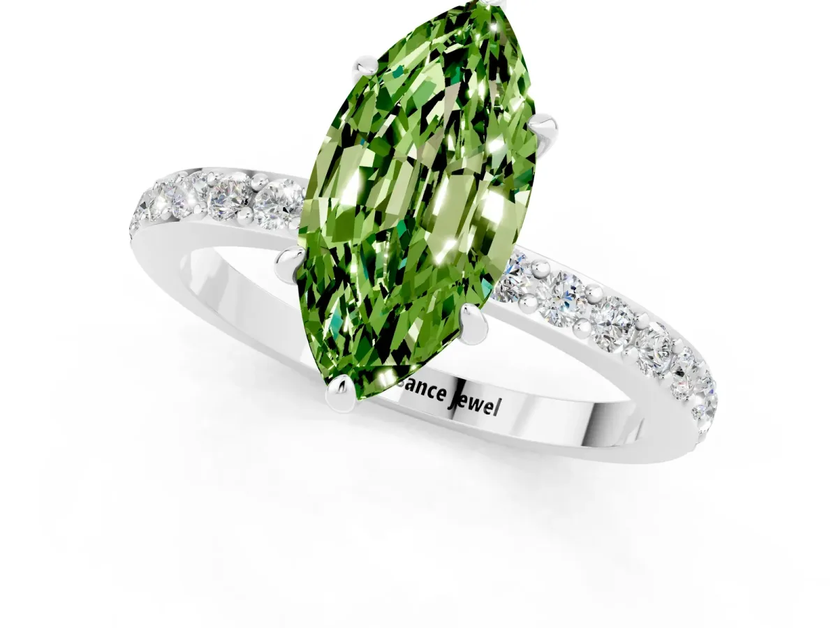 Marquise Cut Peridot Solitaire Engagement Ring with Pavé Band and Four-Prong Setting Silver