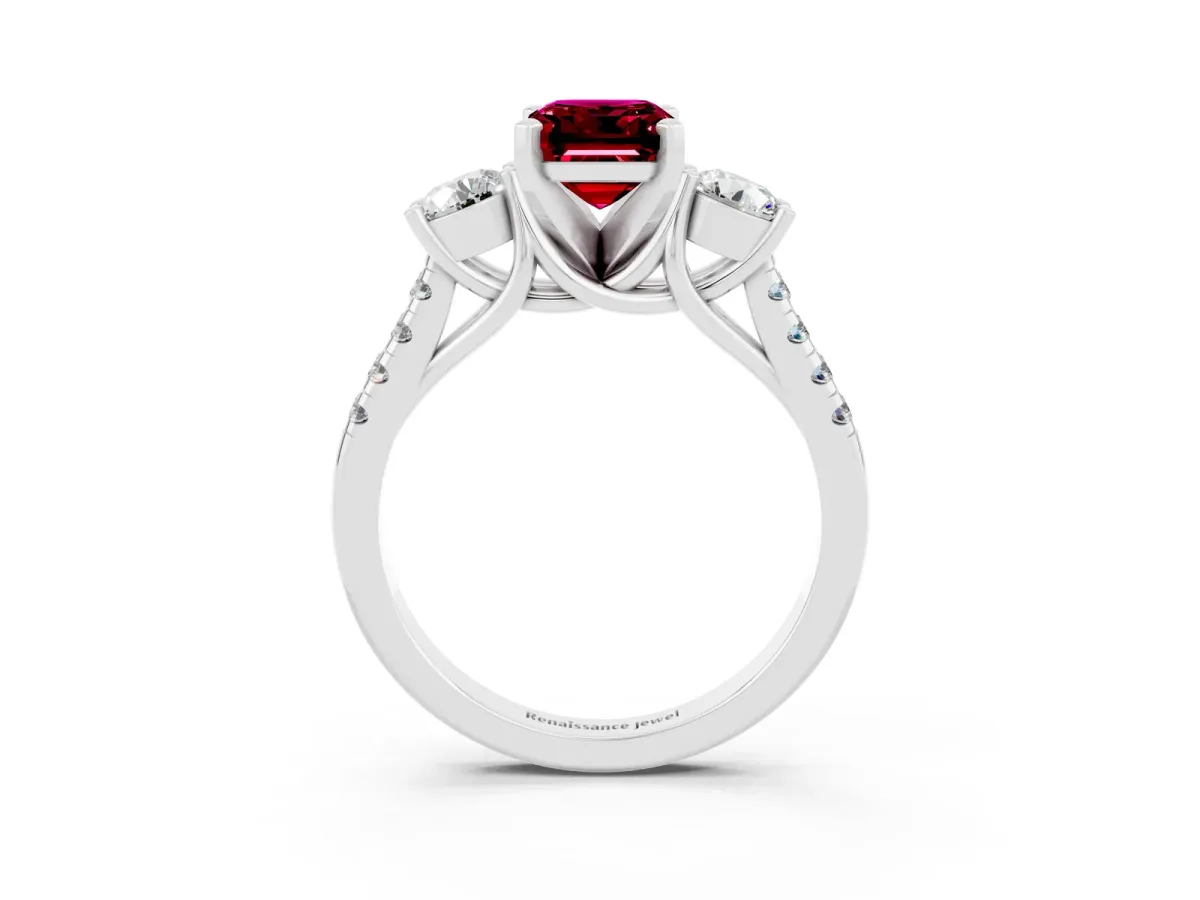 Three-Stone Emerald Cut Garnet Pavé Band with Four-Prong Setting Silver