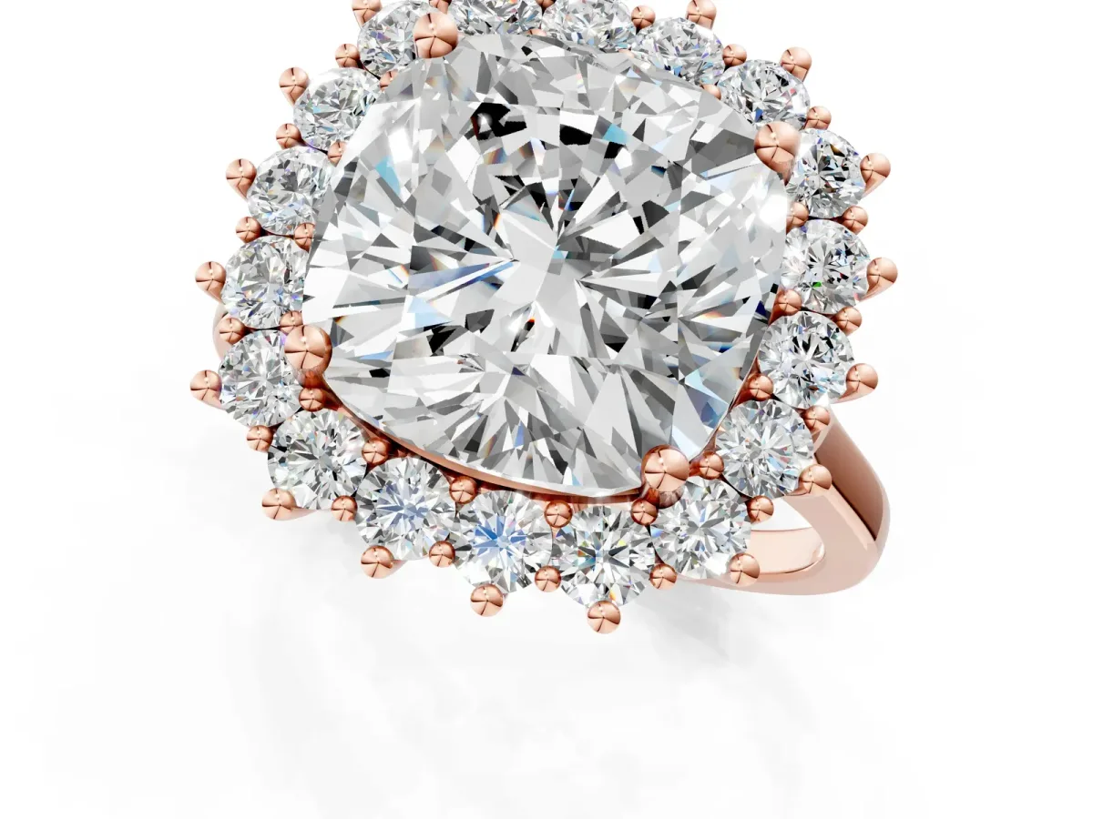 Cushion Diamond Halo Engagement Ring with Round Diamond Accents Rose gold