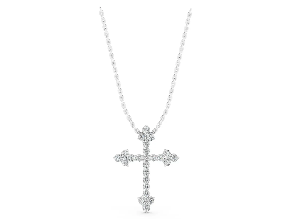 Round Diamond Cluster Cross Pendant with Prong Setting White gold