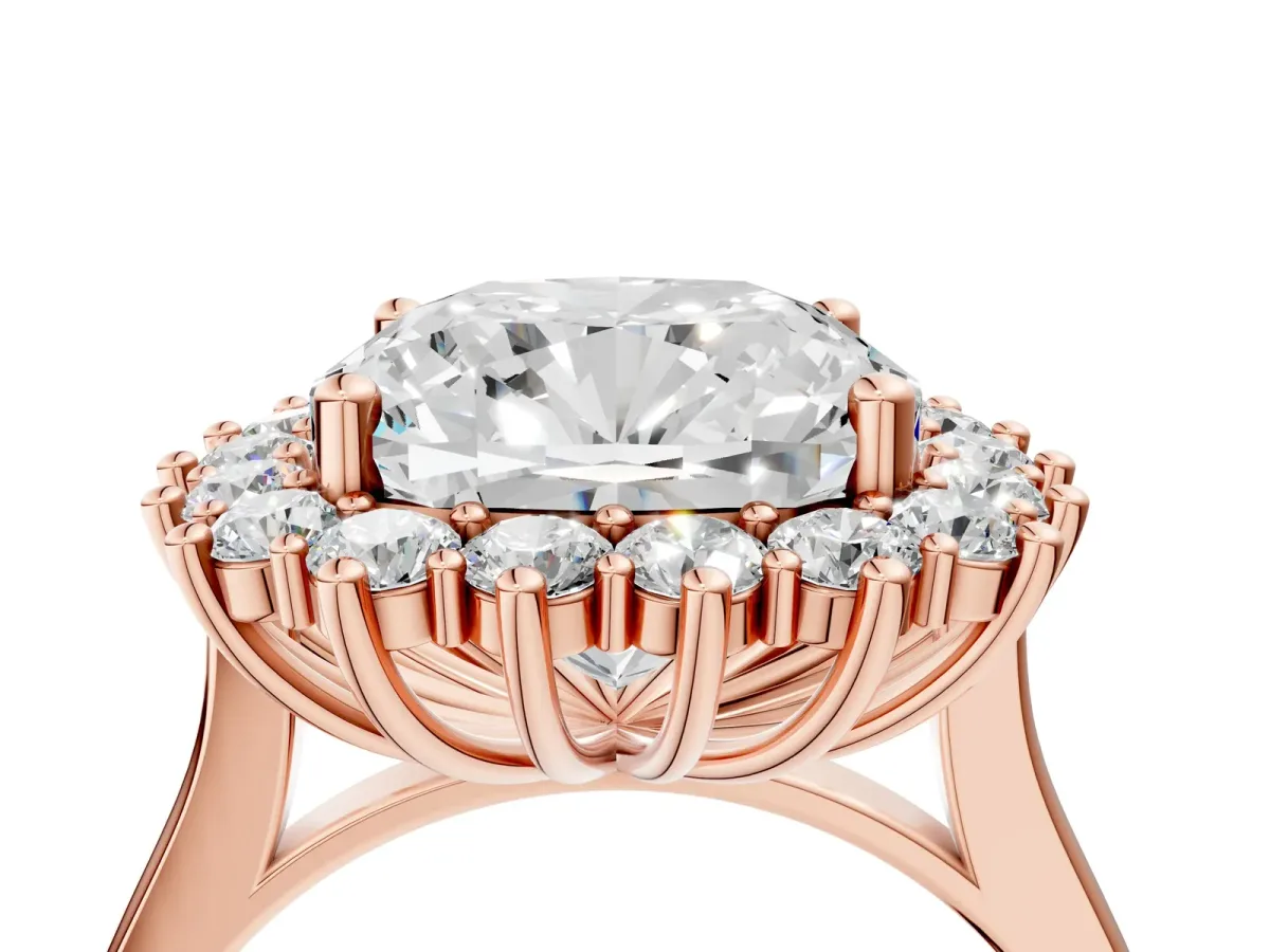 Cushion Diamond Halo Engagement Ring with Round Diamond Accents Rose gold