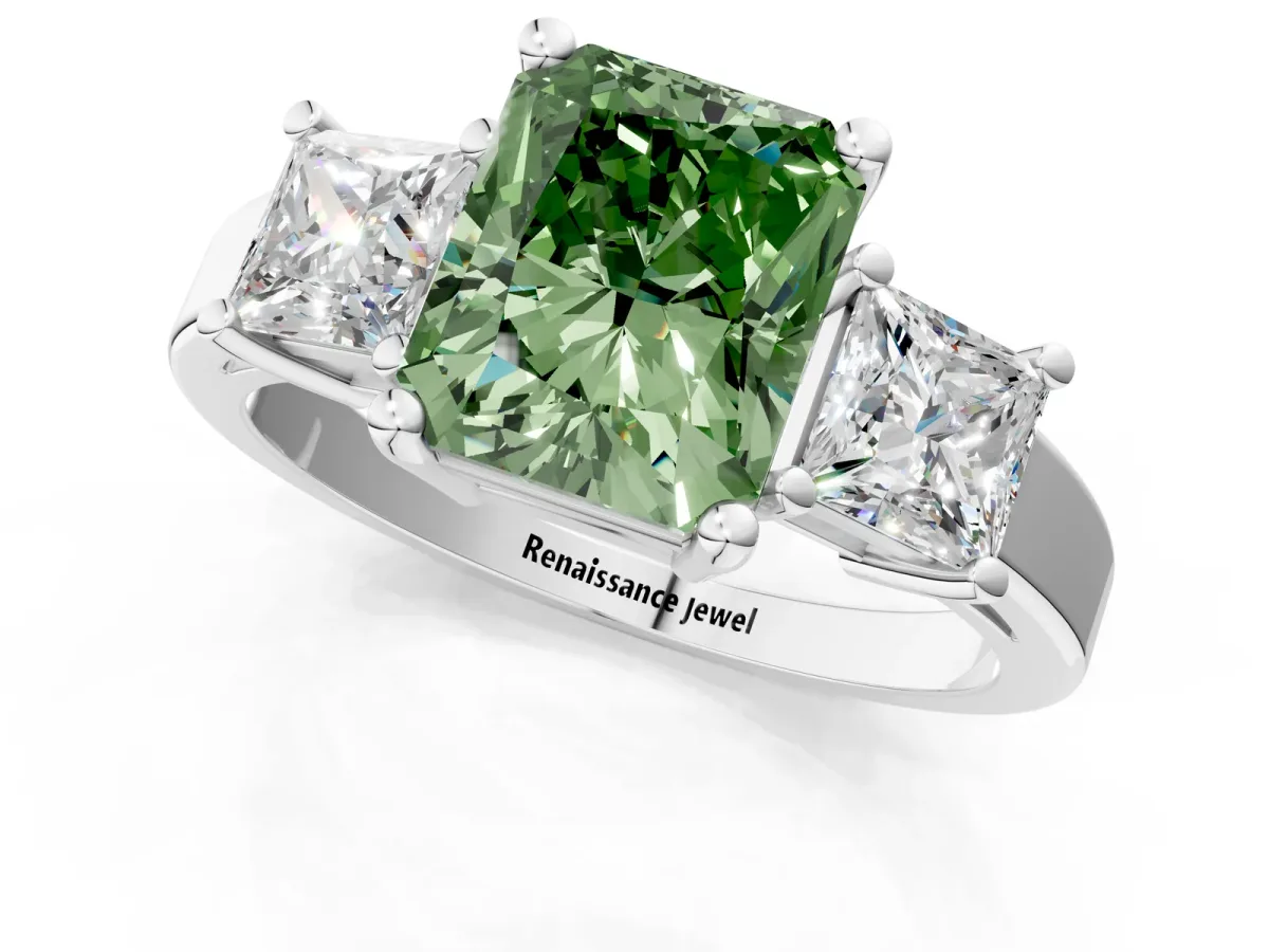 Fancy Green Three-Stone Radiant Cut Cut Solitaire Ring with Prong Setting Platinum