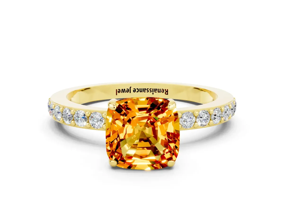 Cushion Cut Citrine Solitaire Engagement Ring with Pavé Band and Four-Prong Setting Yellow gold
