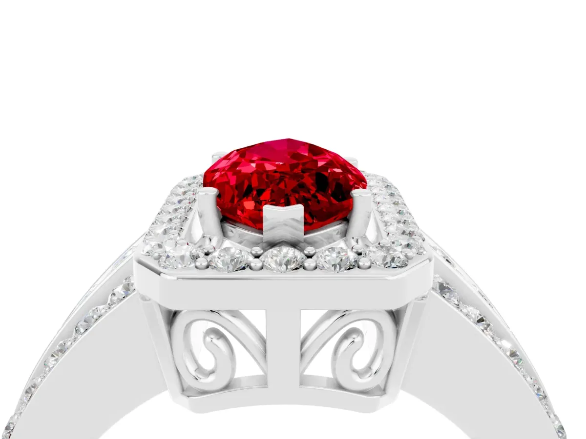 Marquise Cut Halo Ruby Ring with Round Split Shank and Prong Setting Platinum