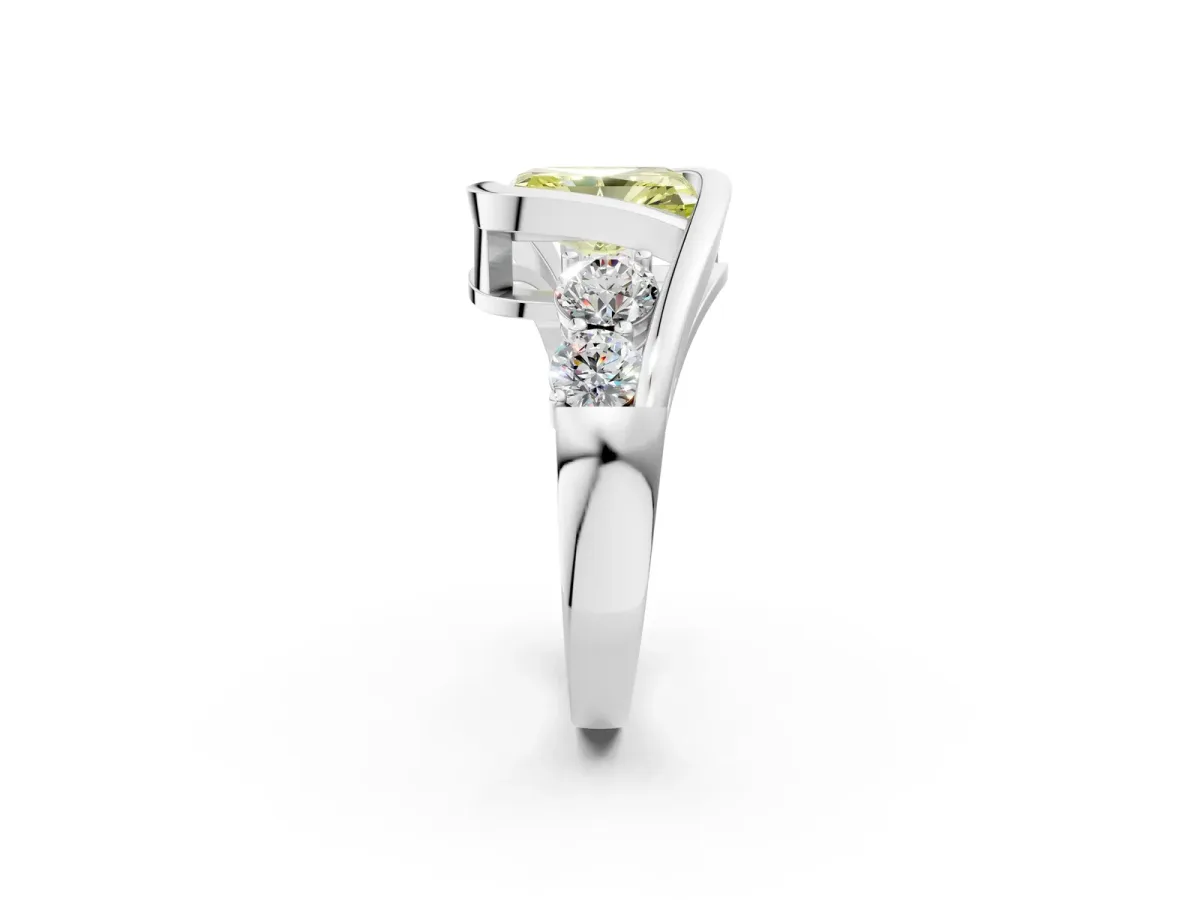 Fancy Yellow Bezel Set Radiant Cut Diamond Bypass Ring with Round Accents Platinum