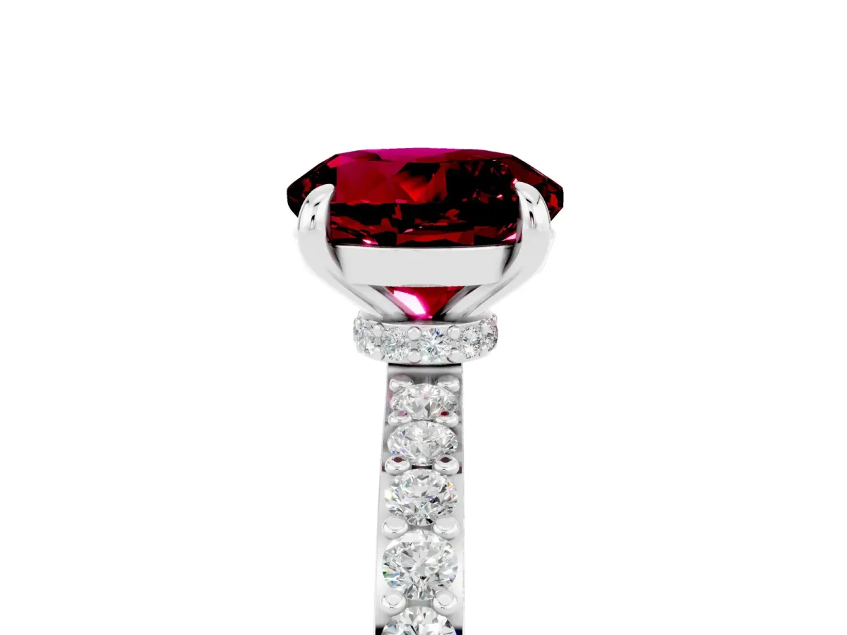 Round Cut Garnet Solitaire Engagement Ring with Pavé Band and Four-Prong Setting Platinum