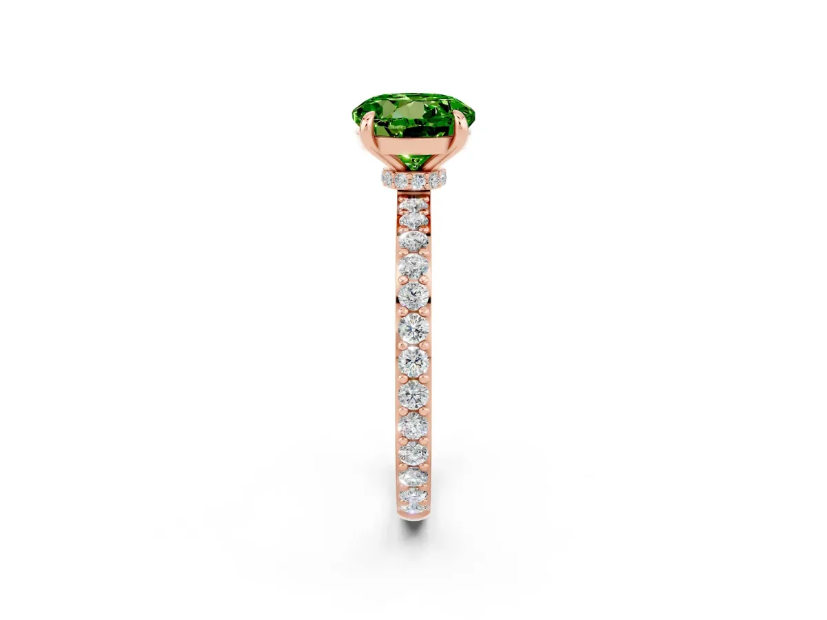 Round Cut Peridot Solitaire Engagement Ring with Pavé Band and Four-Prong Setting Rose gold