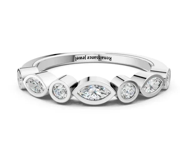 Bezel Set Marquise and Round Diamond Stackable Band Silver