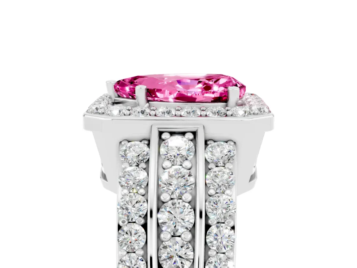 Pear Cut Halo Pink Sapphire Ring with Round Split Shank and Prong Setting Silver