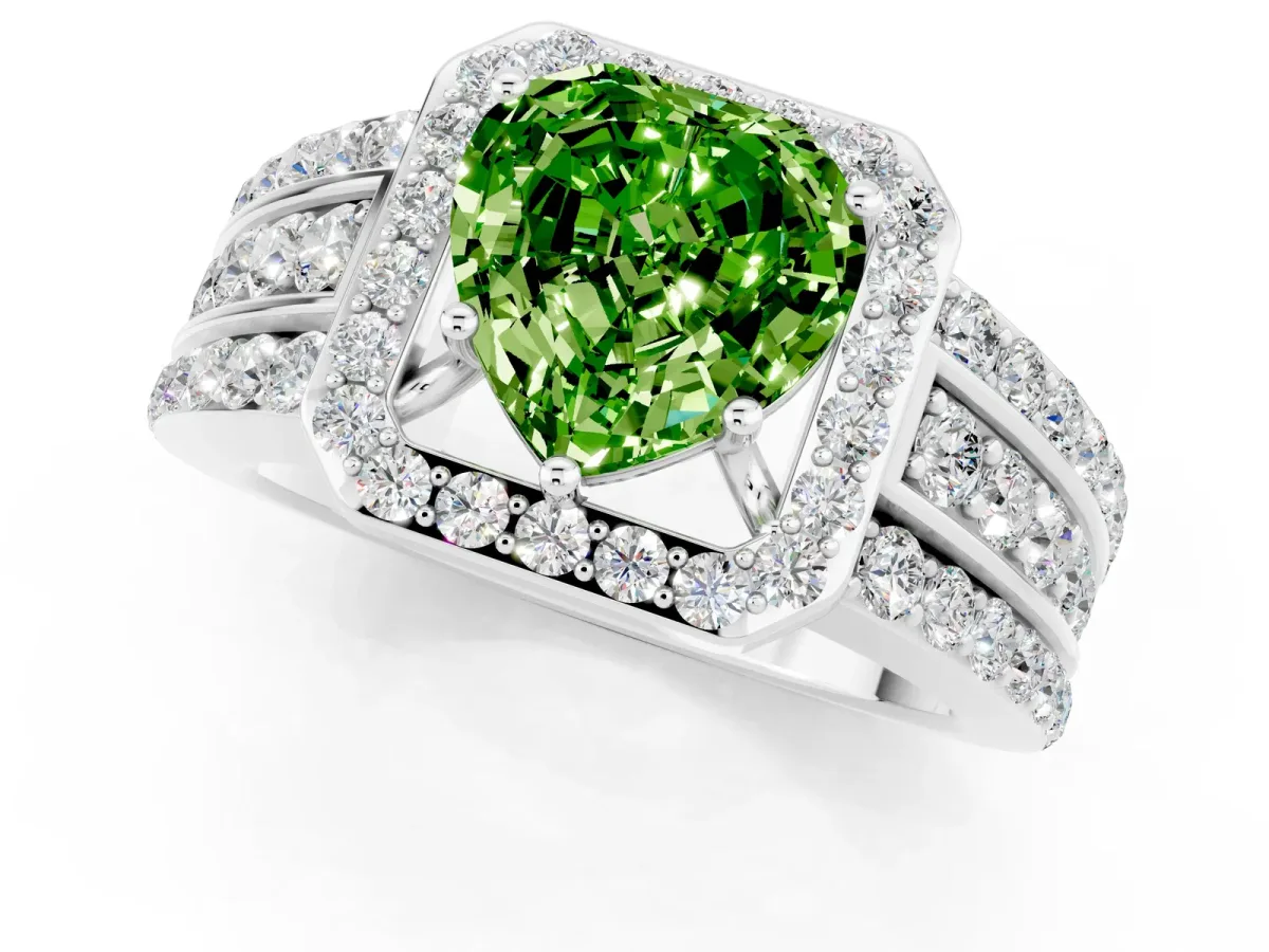 Heart Cut Halo Peridot Ring with Round Split Shank and Prong Setting Silver