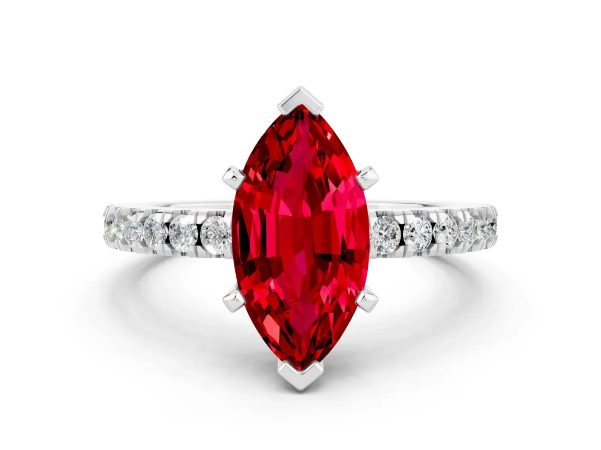 Marquise Cut Solitaire Ruby with Pavé Band and Four-Prong Setting Platinum