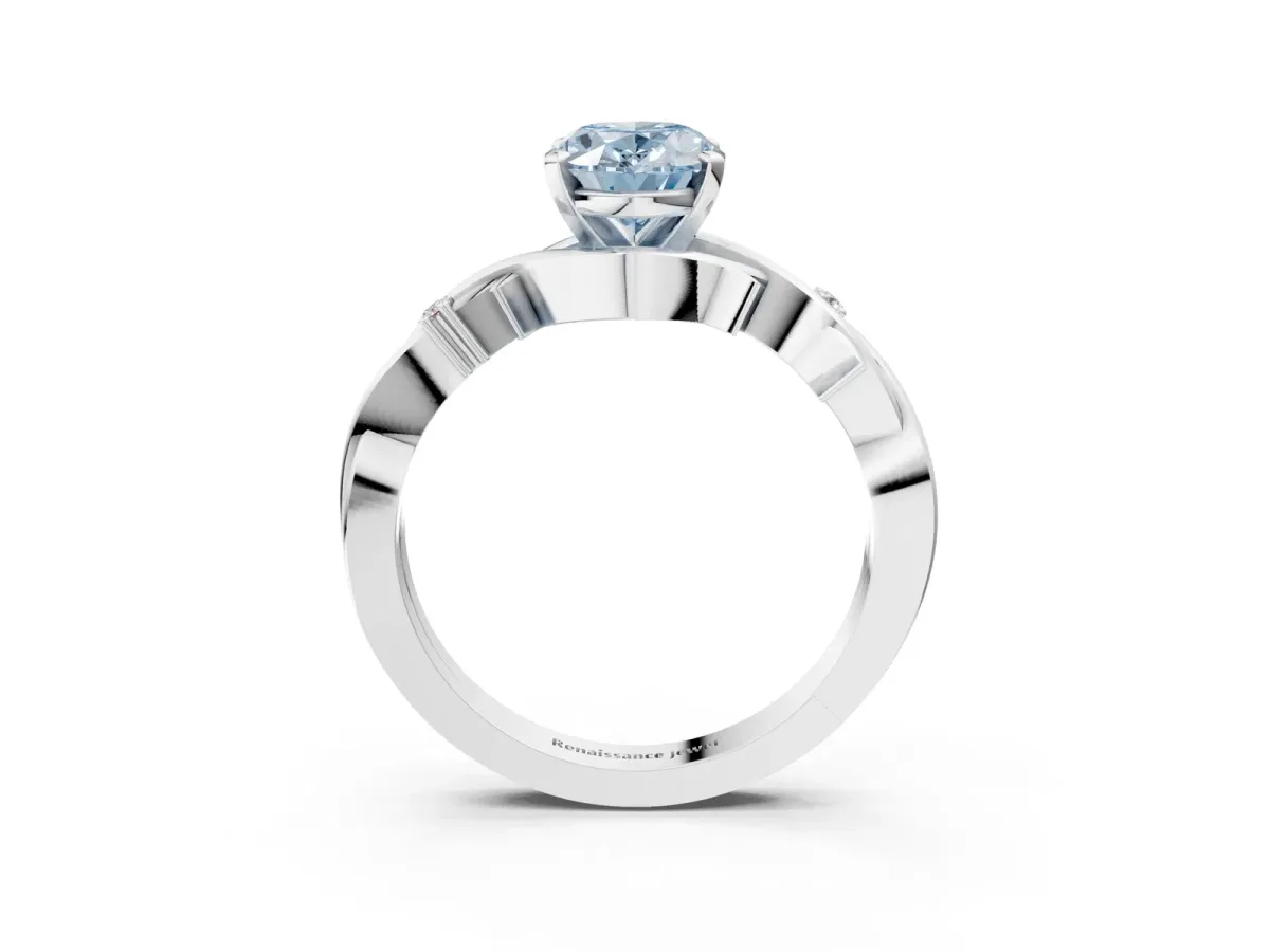 Fancy Blue Oval Cut Diamond Solitaire Ring with Twisted Band and Prong Setting Silver