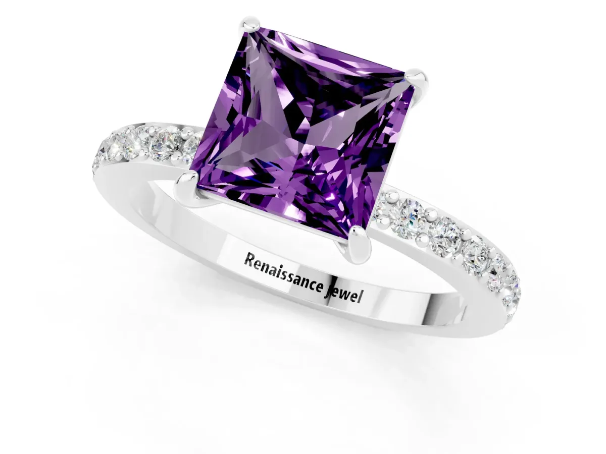 Princess Cut Amethyst Solitaire Engagement Ring with Pavé Band and Four-Prong Setting White gold