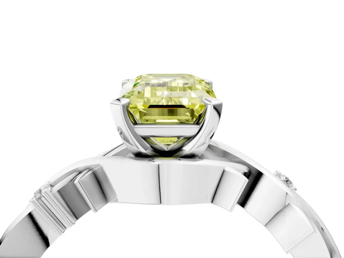 Fancy Yellow Emerald Cut Diamond Solitaire Ring with Twisted Band and Prong Setting Silver