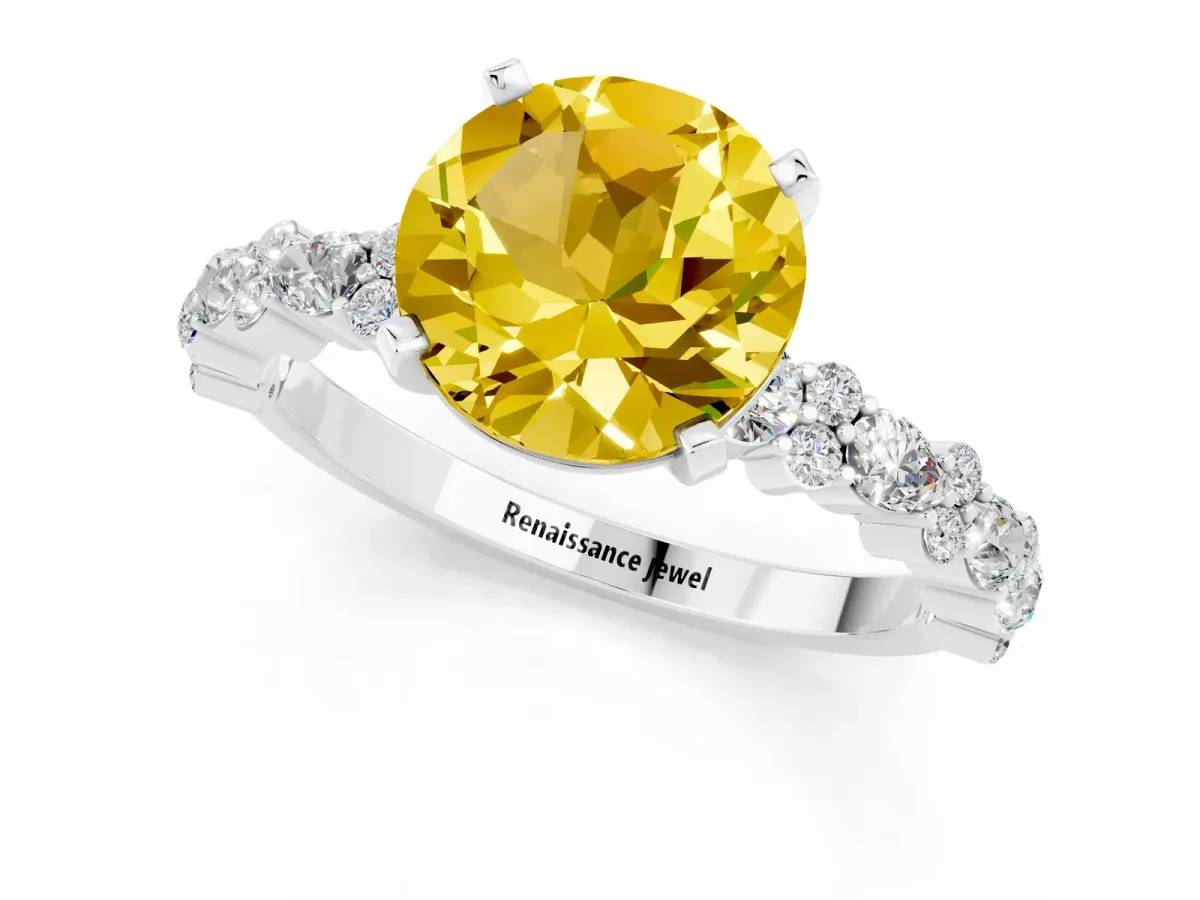 Round Cut Yellow Sapphire Side Stone Solitaire Ring with Round and Four-Prong Setting Silver