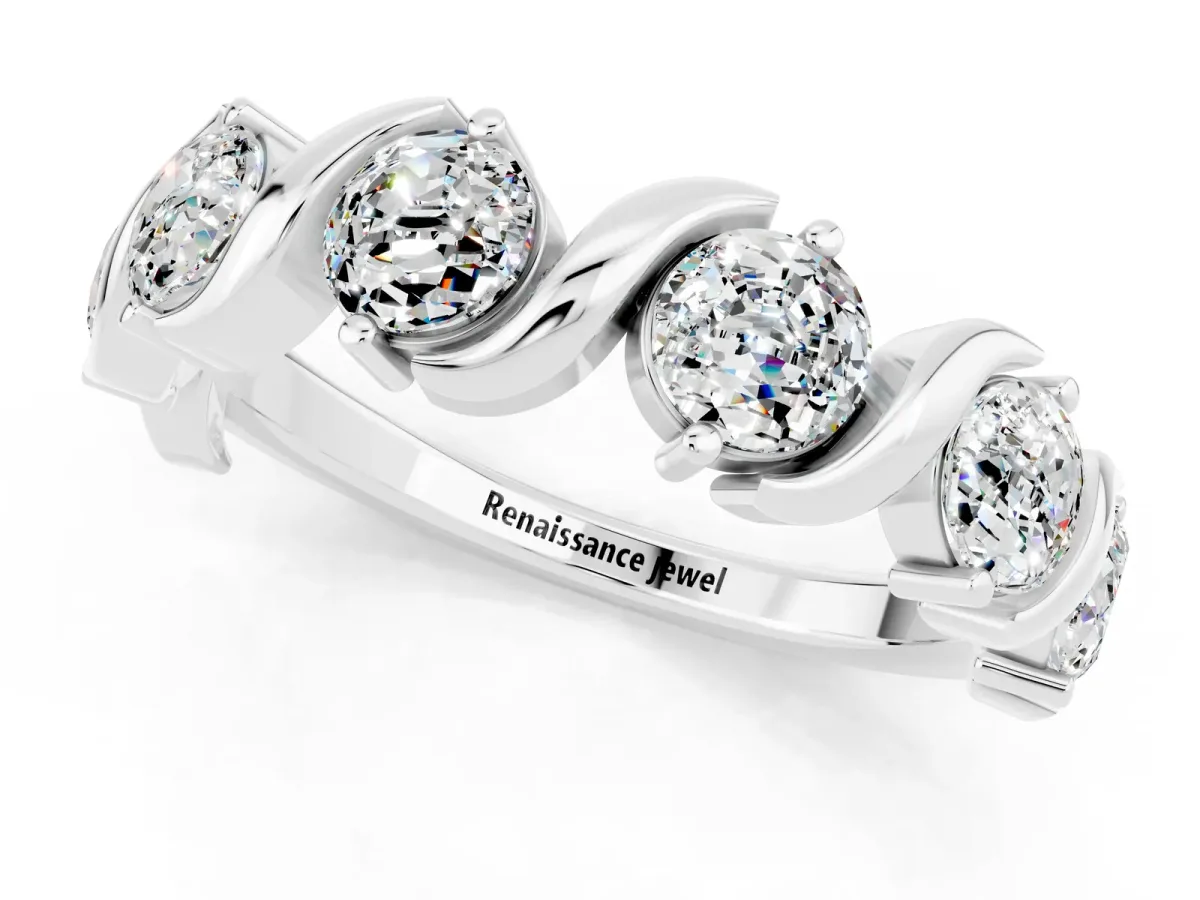 Six-Stone Round Moissanite Wave Band with Shared Prong Setting Silver