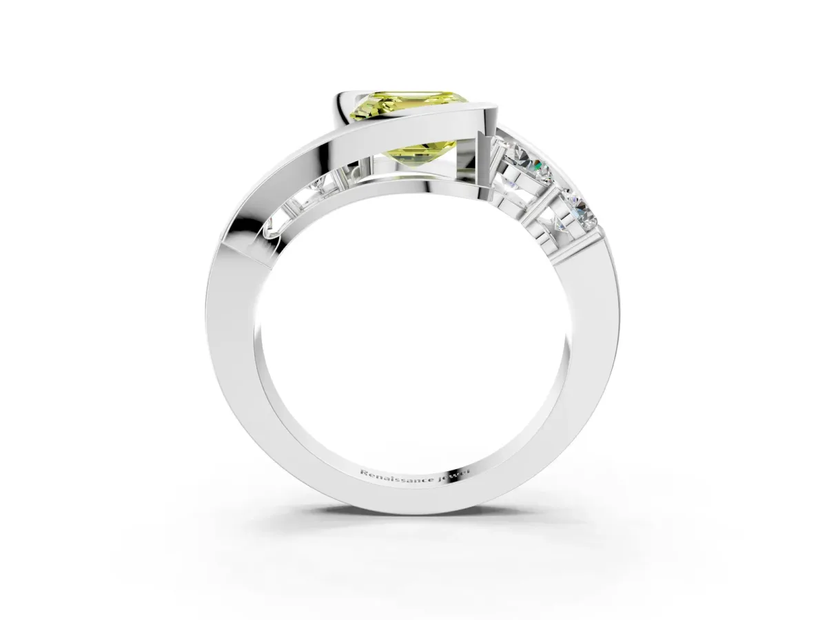 Fancy Yellow Bezel Set Asscher Cut Diamond Bypass Ring with Round Accents Platinum