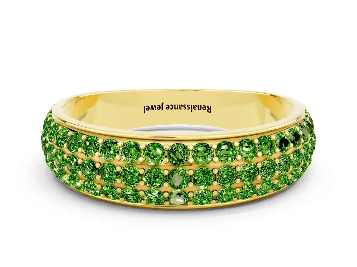 Three-Row Round Peridot Eternity Band with Shared Prong Setting Yellow gold
