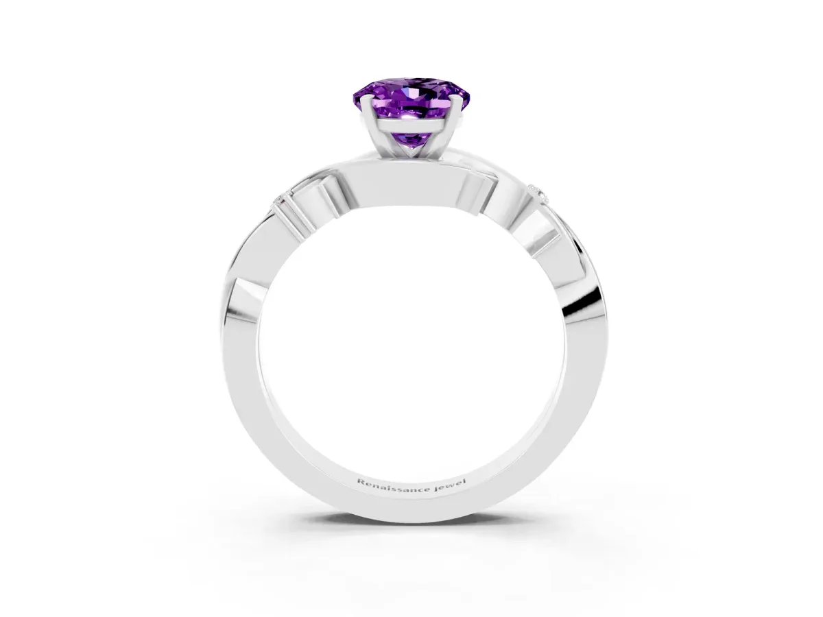 Oval Cut Amethyst Solitaire Ring with Twisted Band and Prong Setting Platinum