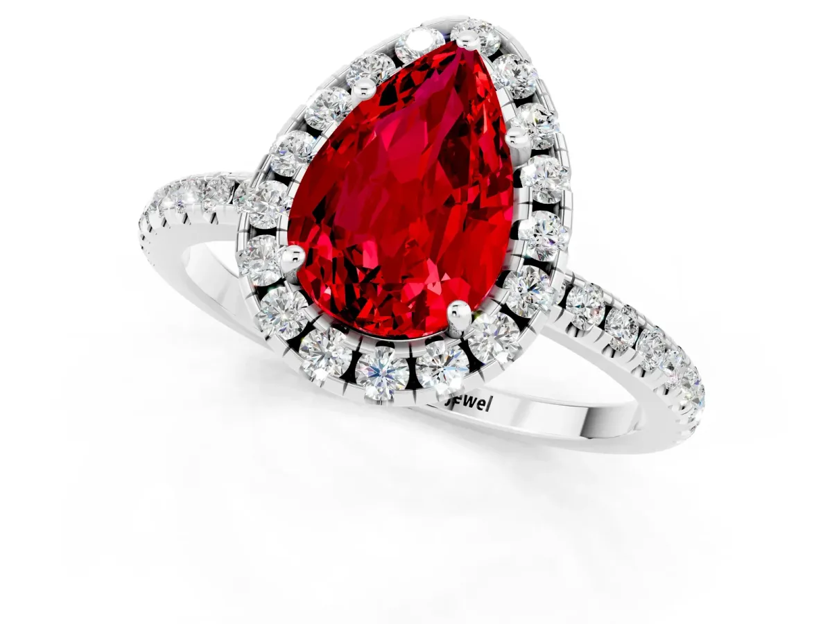Pear Cut Ruby Halo Ring with Round Pavé Band and Prong Setting Platinum