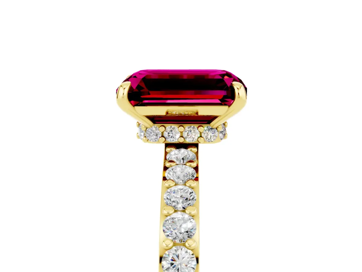 Emerald Cut Garnet Solitaire Engagement Ring with Pavé Band and Four-Prong Setting Yellow gold