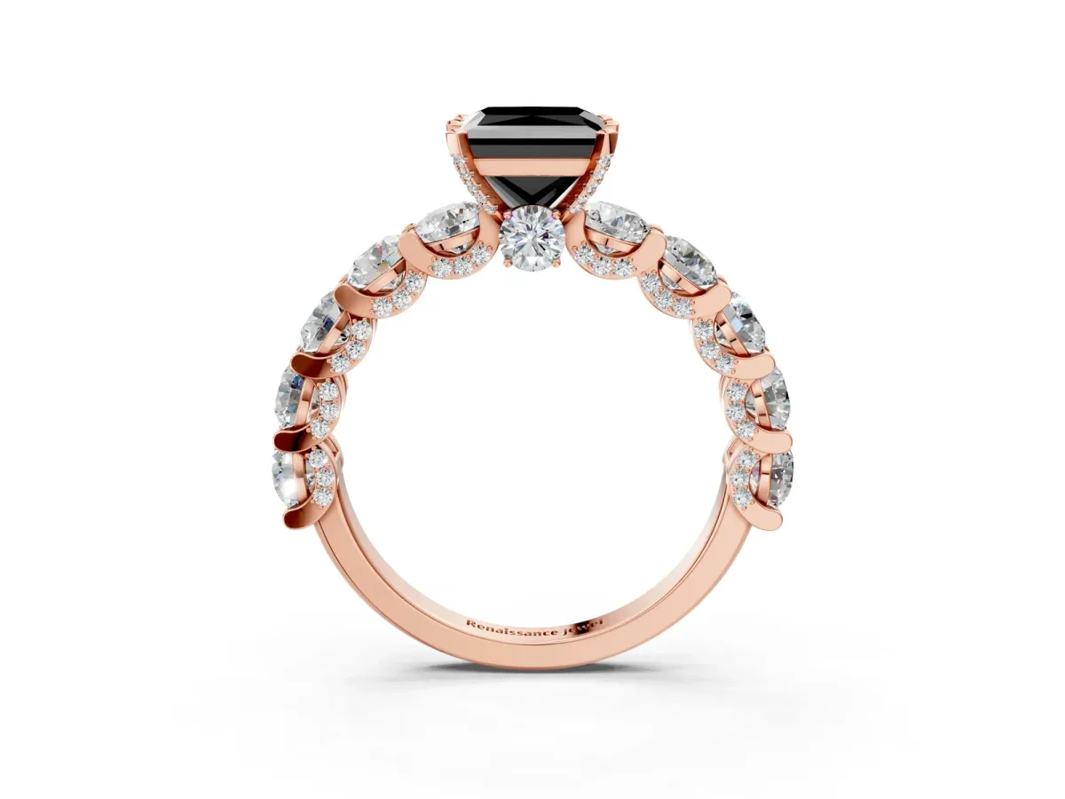 Fancy Black Princess Cut Diamond Side Stone Engagement Ring with Four-Prong Setting Rose gold