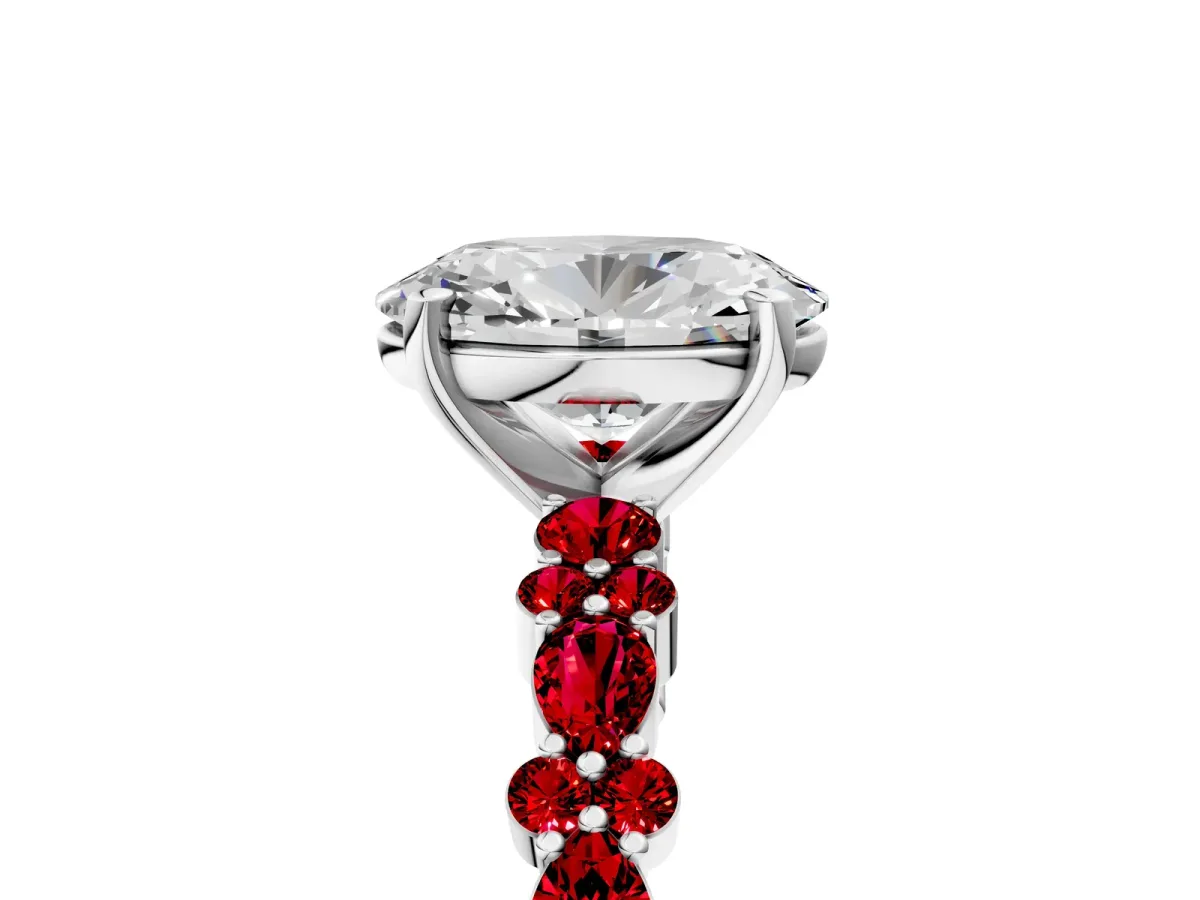 Oval Cut Diamond Side Stone Solitaire Ring with Round Ruby and Four-Prong Setting White gold