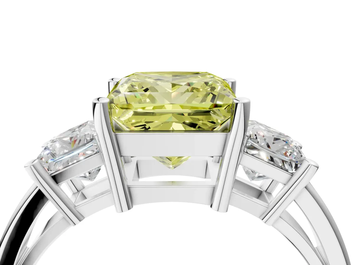 Fancy Yellow Three-Stone Princess Cut Cut Solitaire Ring with Prong Setting Platinum