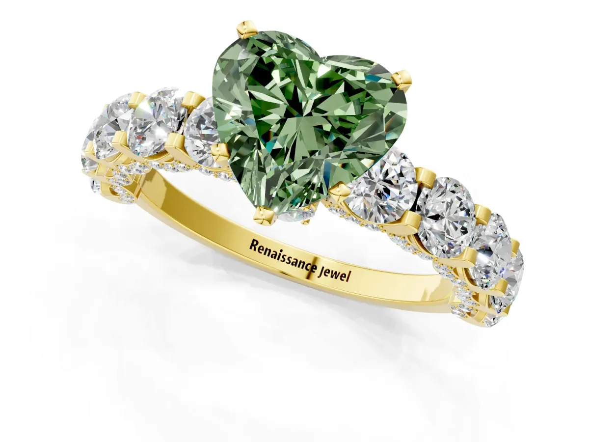 Fancy Green Heart Cut Diamond Side Stone Engagement Ring with Four-Prong Setting Yellow gold