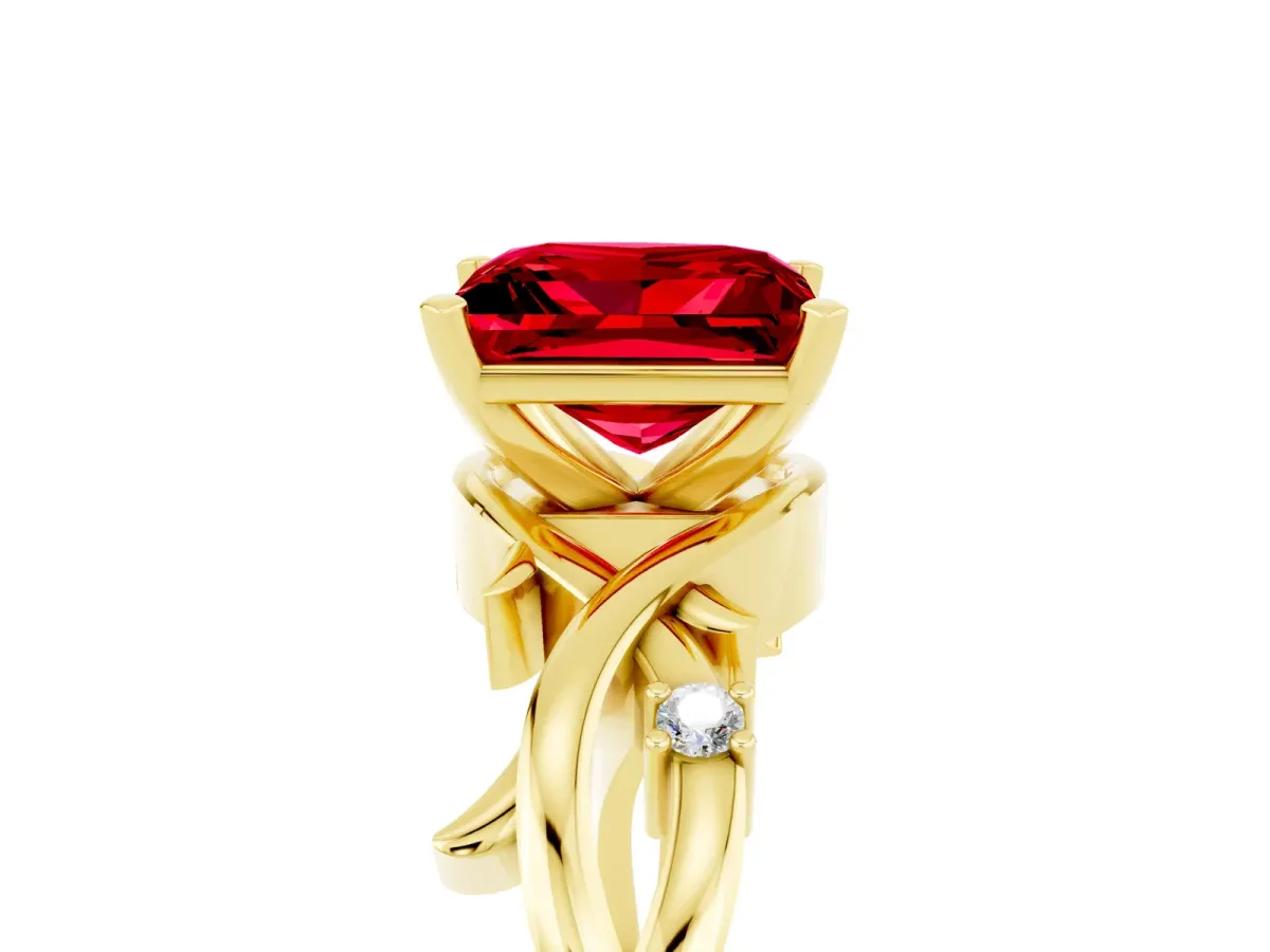 Princess Cut Ruby Solitaire Ring with Twisted Band and Prong Setting Yellow gold