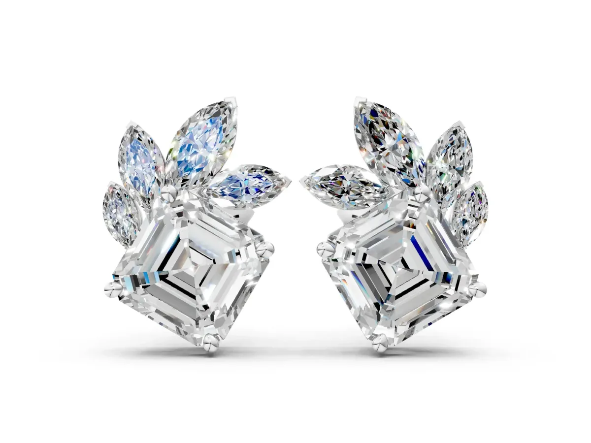 Asscher and Marquise Diamond Cluster Stud Earrings Silver