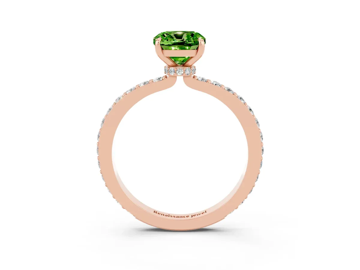 Cushion Cut Peridot Solitaire Engagement Ring with Pavé Band and Four-Prong Setting Rose gold