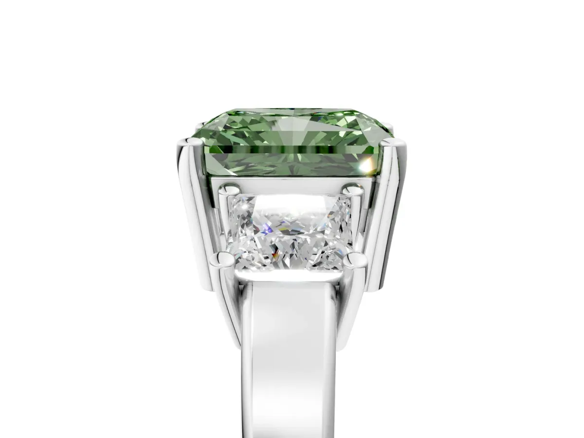 Fancy Green Three-Stone Radiant Cut Cut Solitaire Ring with Prong Setting Platinum