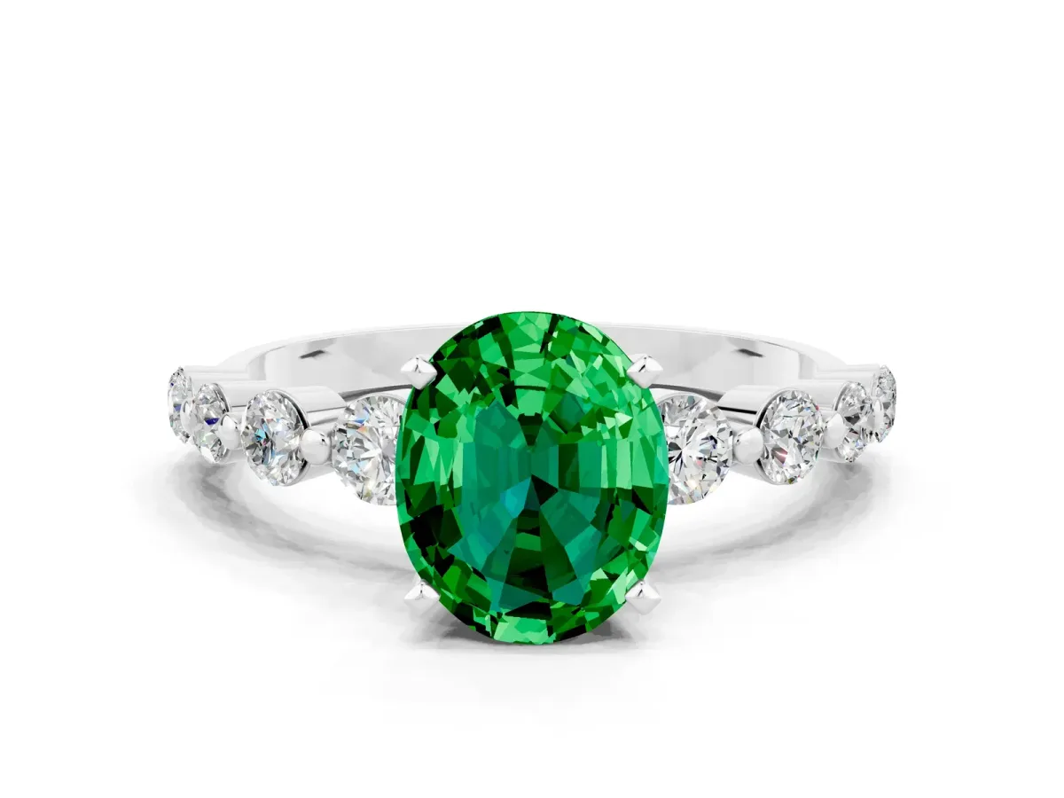 Oval Cut Solitaire Emerald Ring with Pave Band and Four-Prong Setting Platinum
