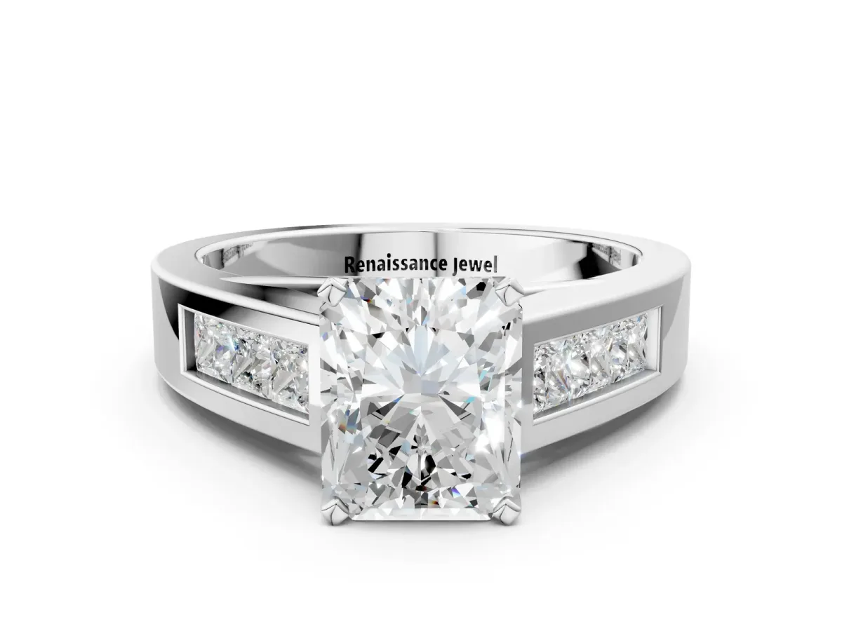 Radiant Cut Cut Channel Set Solitaire Ring with Four-Prong Setting Platinum