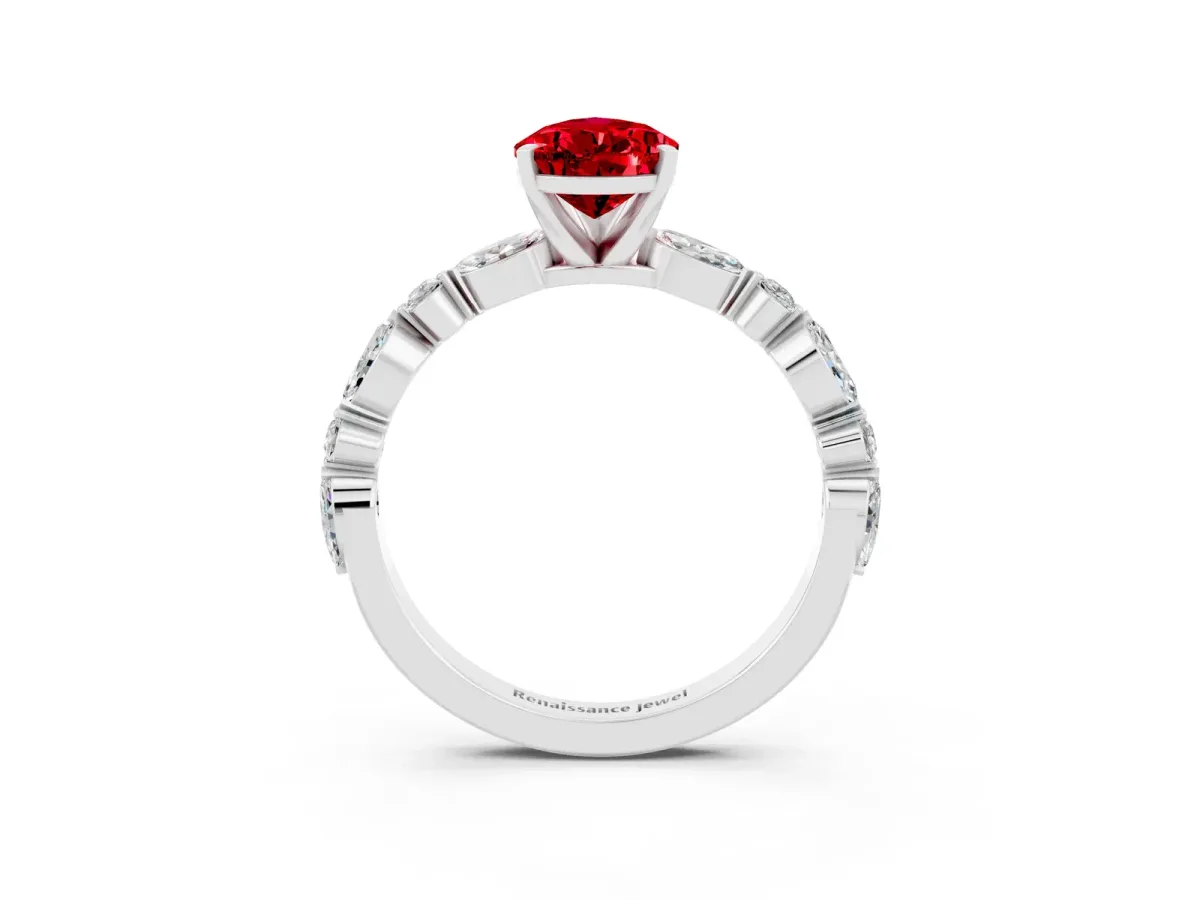 Pear Cut Ruby Ring with Marquise and Round Side Stones and Four-Prong Setting Platinum
