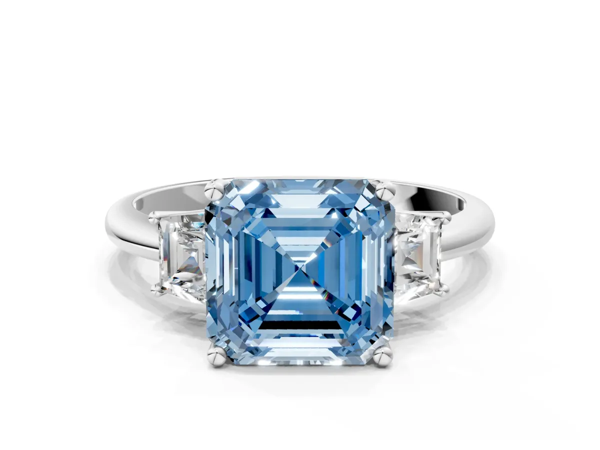 Fancy Blue Asscher Cut Diamond Three-Stone Ring with Trapezoid Side Stones and Prong Setting Silver