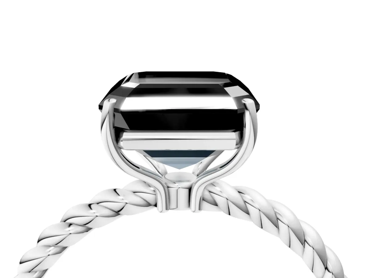 Fancy Black Asscher Cut Solitaire Twisted Band 4-Prong Ring Platinum