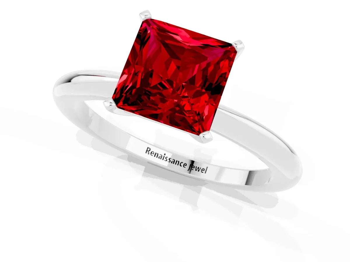 Princess Cut Ruby Solitaire Ring with Six-Prong Setting and Classic Band Silver