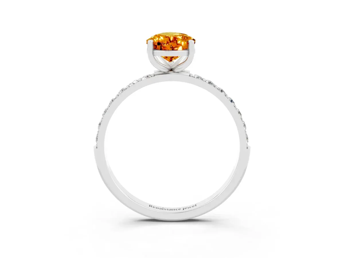 Pear Cut Citrine Solitaire Ring with Round Pavé Band and Prong Setting Platinum