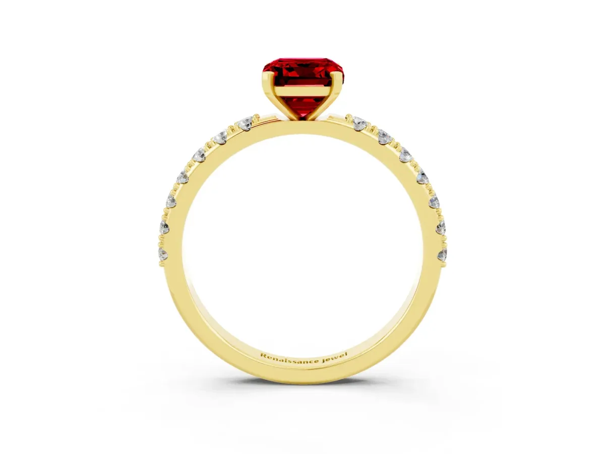 Emerald Cut Ruby Solitaire Pavé Band with Four-Prong Setting Yellow gold