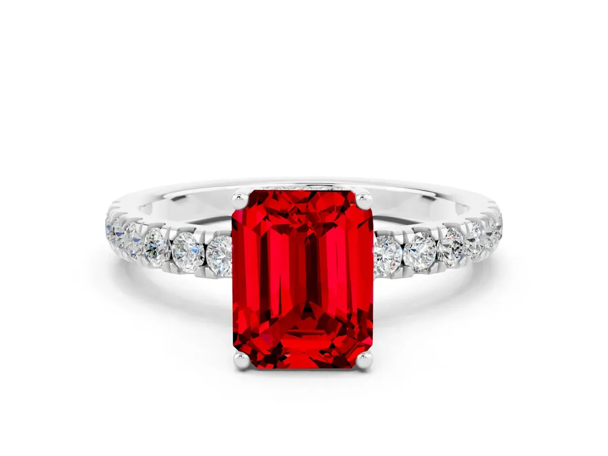 Emerald Cut Ruby Pave Band Solitaire Ring with Round and Prong Setting Platinum