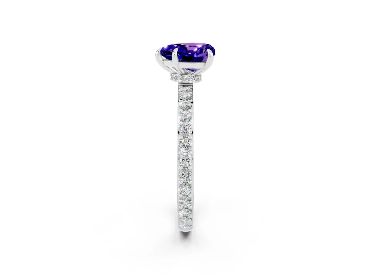 Heart Cut Tanzanite Solitaire Engagement Ring with Pavé Band and Four-Prong Setting Platinum