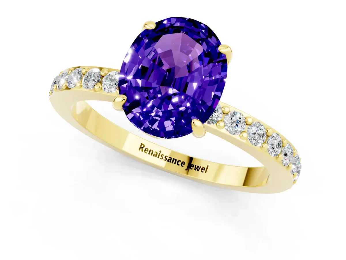 Oval Cut Tanzanite Solitaire Engagement Ring with Pavé Band and Four-Prong Setting Yellow gold