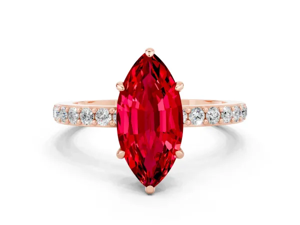 Marquise Cut Ruby Solitaire Engagement Ring with Pavé Band and Four-Prong Setting Rose gold